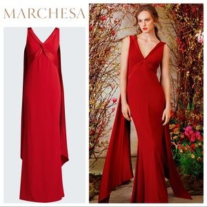 MARCHESA NOTTE Draped Mermaid V-neck Gown